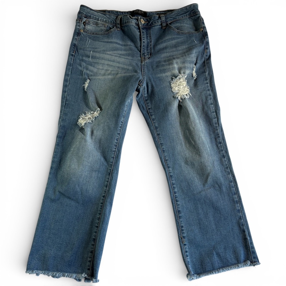 Judy Blue Los Angeles Relaxed Fit Crop Flare Jeans Womens 1XL Blue Denim Raw Hem